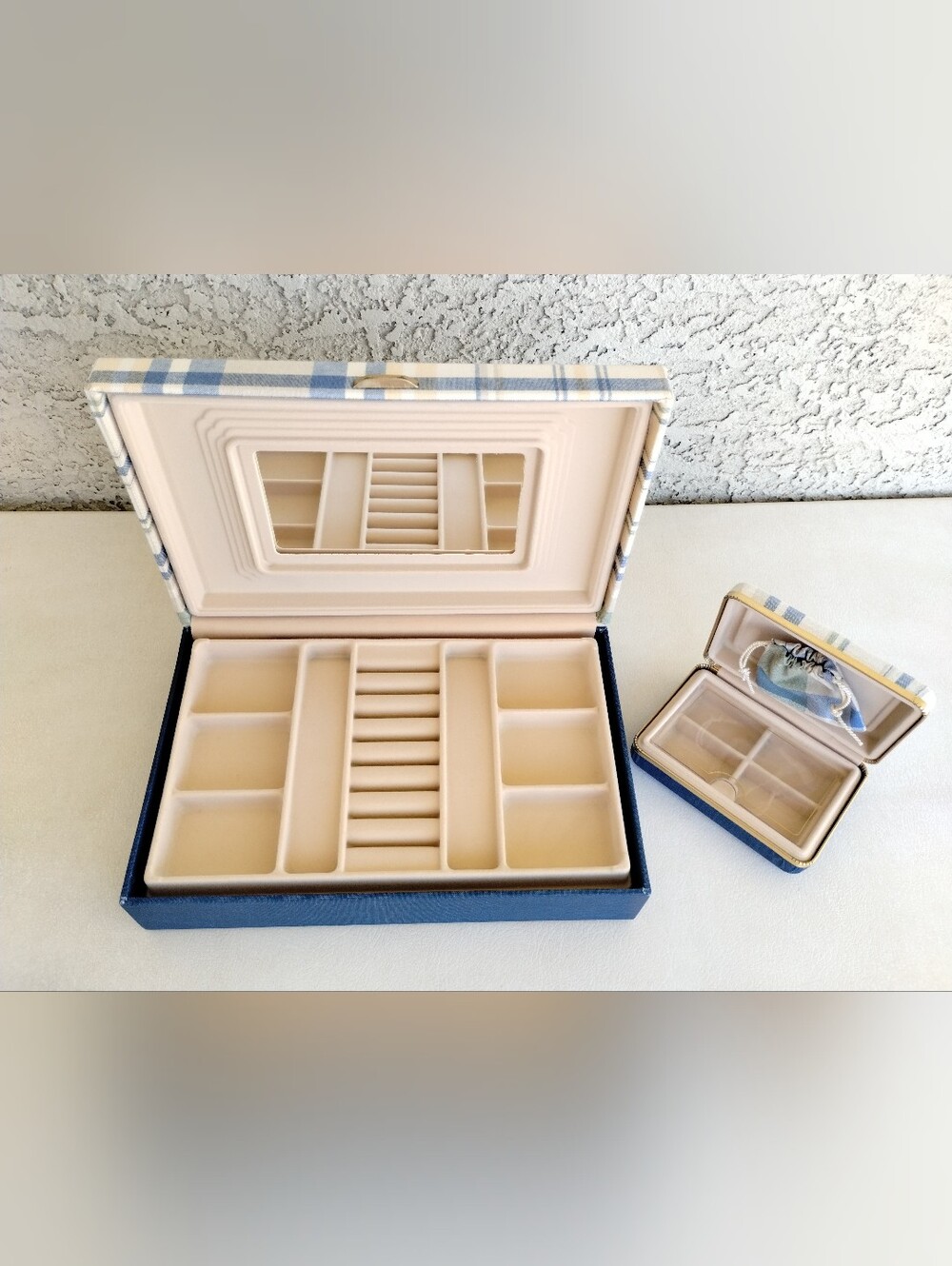 Vtg MCM 1970s Plaid Jewelry Box Set - Travel Vanity Trunk & Clamshell Case